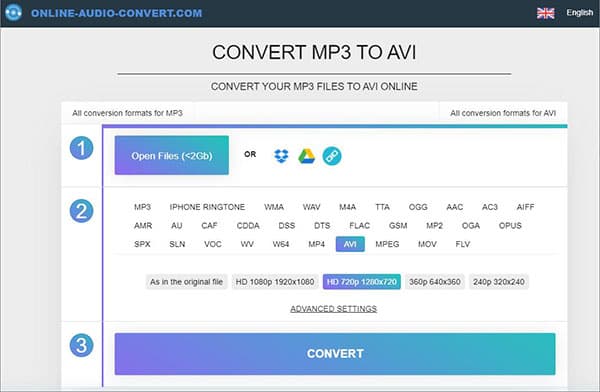 Convertir MP3 en AVI en ligne avec Online-audio-convert.com
