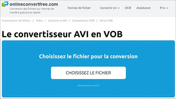 Convertir AVI en VOB en ligne avec Onlineconvertfree.com
