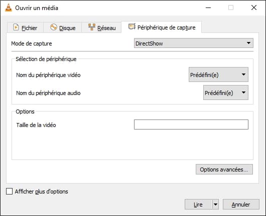 Choisir DirectShow dans VLC