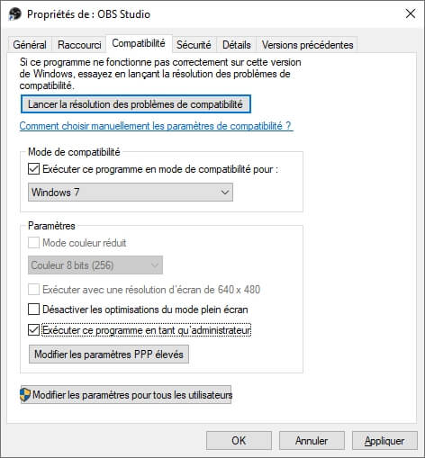 Activer le mode de compatibilité sur Propriétés