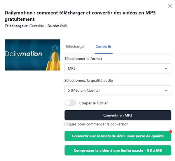 Convertir Dailymotion en MP3 dans le site savethevideo.com