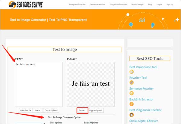 Convertir Texte en PNG avec SEO TOOLS CENTRE