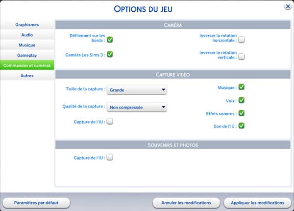 Le menu Options de Sims 4