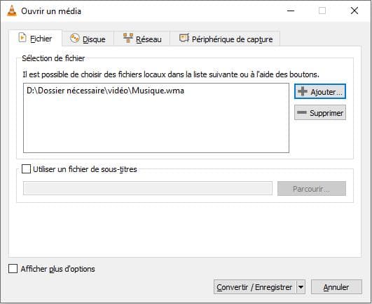 Ajouter le fichier WMA dans VLC