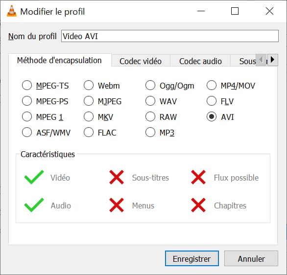 Choisir AVI dans VLC