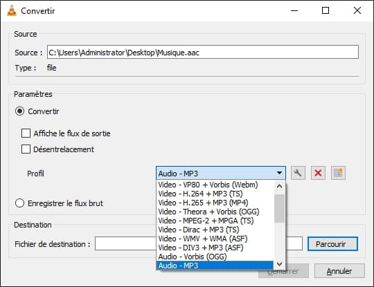 Convertir AAC en MP3 avec VLC