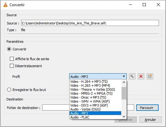 Convertir AIFC en MP3 avec VLC