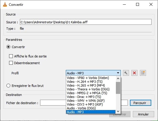 Convertir AIFF en MP3 avec VLC