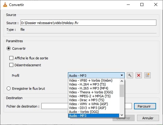Convertir FLV en MP3 avec VLC