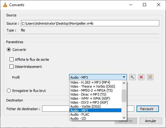 Convertir M4B en MP3 avec VLC