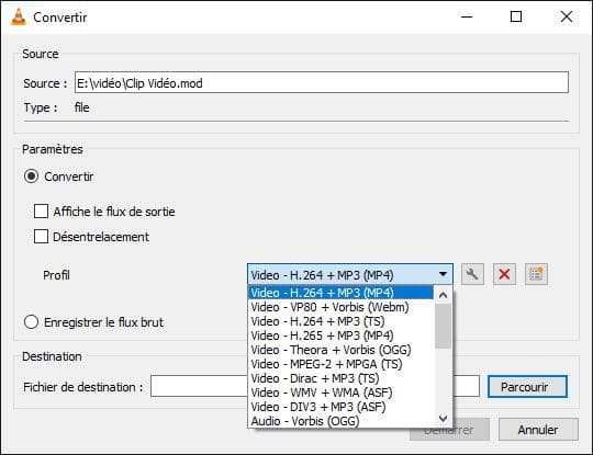 Convertir MOD en MP4 avec VLC