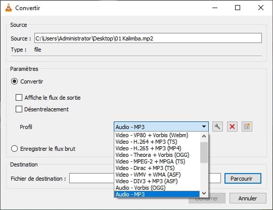 Convertir MP2 en MP3 avec VLC