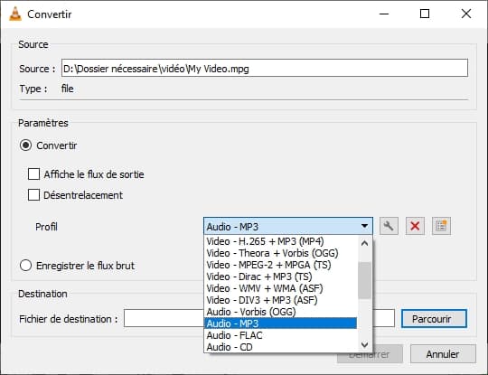 Convertir MPG en MP3 avec VLC