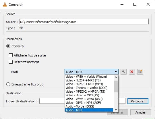Convertir MTS en MP3 avec VLC