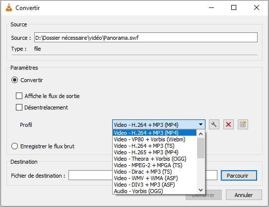 Convertir SWF en MP4 avec VLC
