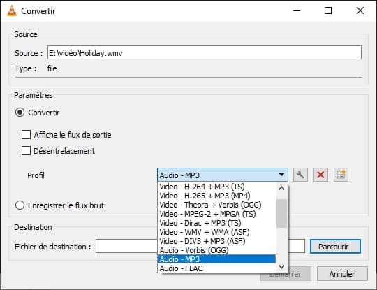 Convertir WMV ou MSWMM en MP3 avec VLC
