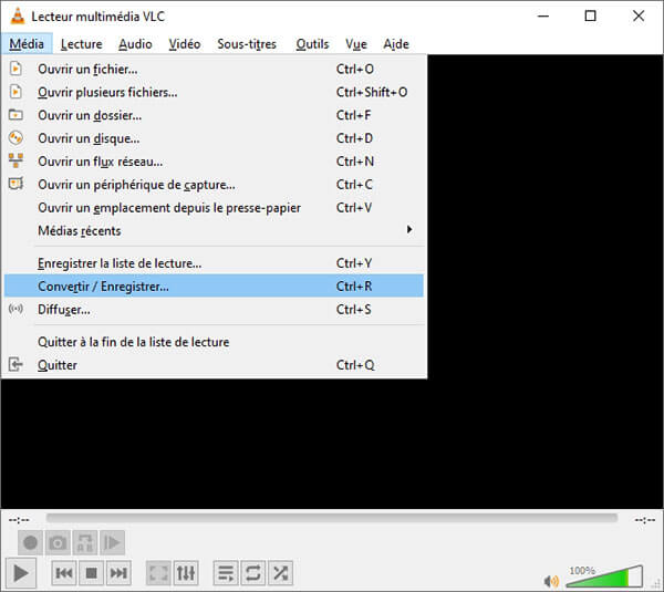Déplier le menu Média dans VLC