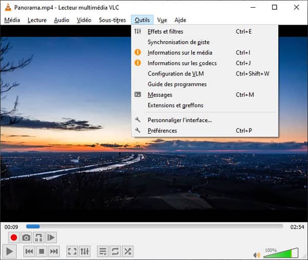 Aller à Outils sur VLC