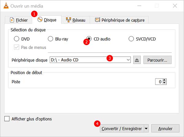VLC L'onglet Disque de Ouvrir un média