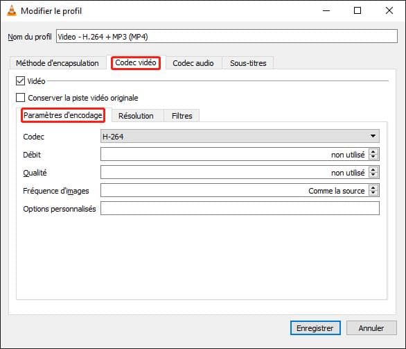 Paramètres d'encodage sur VLC