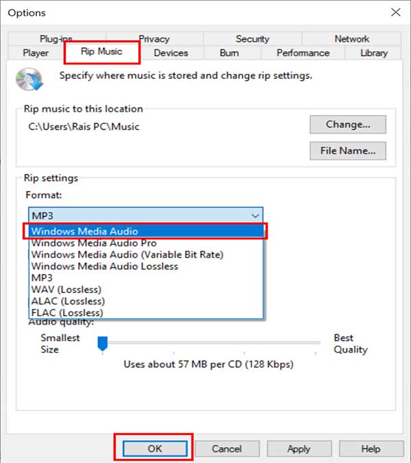 Exporter en WMA avec Windows Media Player