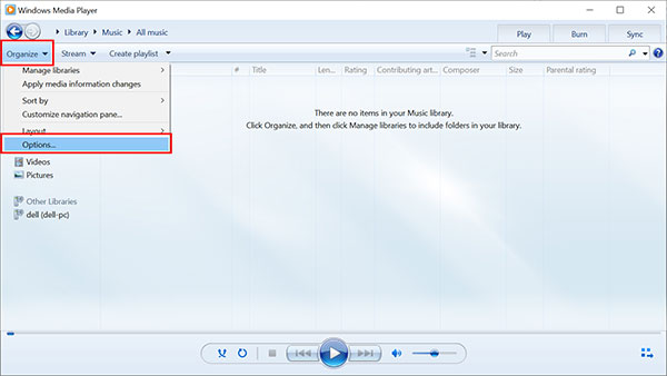 Organiser et Options dans Windows Media Player