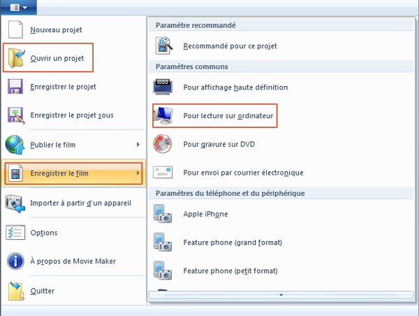 Enregistrer le fichier WLMP par Windows Movie Maker