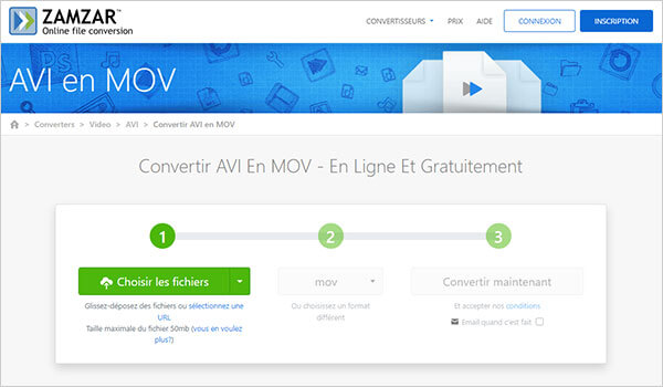 Convertir AVI en MOV en ligne avec ZAMZAR