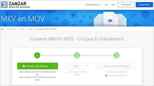 Convertir MKV en MOV sur ZAMZAR