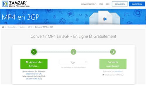 Convertir MP4 en 3GP avec Zamzar