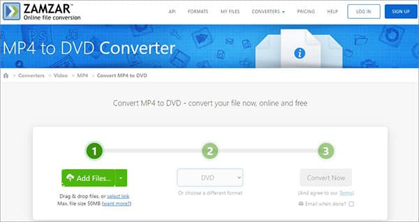 Convertir MP4 en DVD en ligne avec ZAMZAR