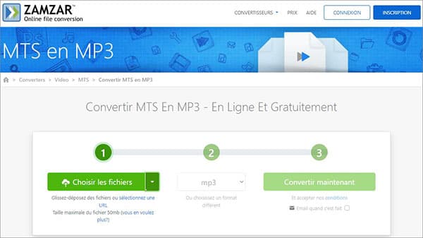 Convertir MTS en MP3 avec ZAMZAR
